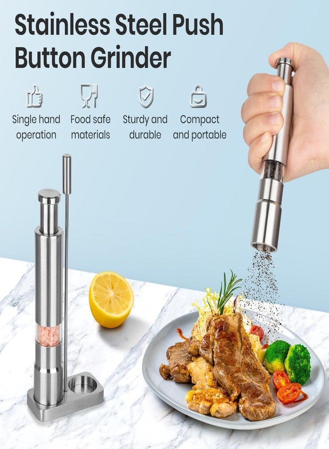 Shker Salt and Pepper Grinder Set,Small Stainless Steel Manual Salt Grinder,Thumb Refillable Mini Salt Grinders Shakers With Base For Kitchen, Home, Travel, Camping, Cooking(Silvery) - Image 2