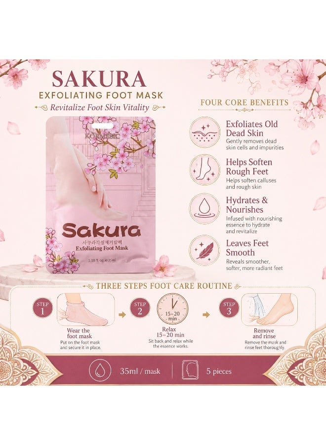 Kormesic SakuraGlow 5-Piece Exfoliating Foot Mask Set, 35ml per Mask, Gentle Peeling and Hydrating Foot Care for Dry and Rough Skin - Image 2