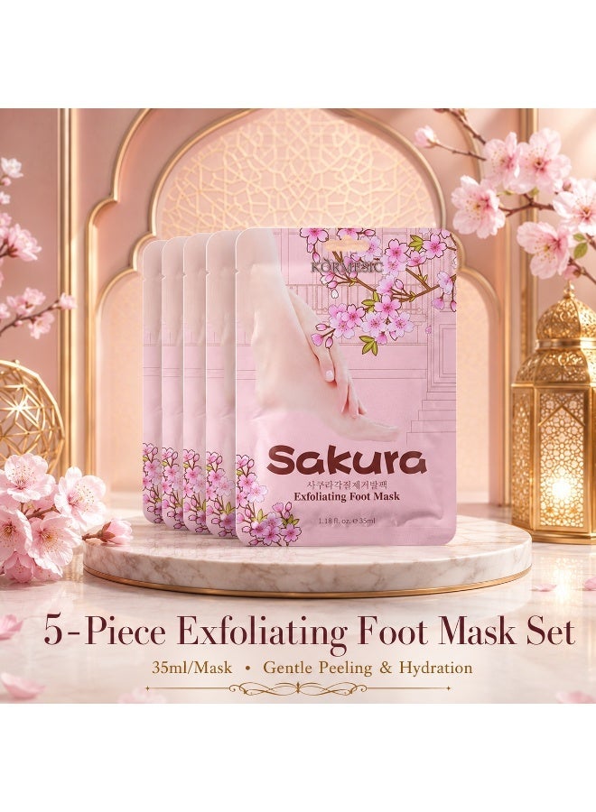 Kormesic SakuraGlow 5-Piece Exfoliating Foot Mask Set, 35ml per Mask, Gentle Peeling and Hydrating Foot Care for Dry and Rough Skin - Image 1