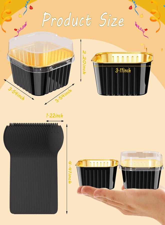 Ksmxos 25 Pack Square Mini Cake Pans with Lids,Mini Loaf Pans with Lids,Aluminum Foil Baking Cups,Disposable Ramekins Cupcake Cups,Dessert Cups for Wedding Birthday Party,5oz (Black&Gold) - Image 2