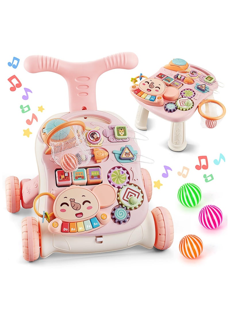 NNEWVANTE 3 in 1 Baby Push Walker and Activity Center for, Sit to Stand Walker for Babies 12 months and up, Walking Toys with Music Panel for Infants and Toddlers Learning to Walk Pink - Image 1