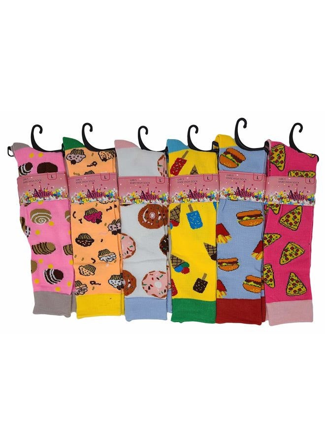 Ayla Kids Big Girls Youth Baby Children's Novelty Design Knee High Socks (L ( FIt Kids Shoes 9 to Big Kids 4 ), 6 Pairs Yummy Foods) - Image 2