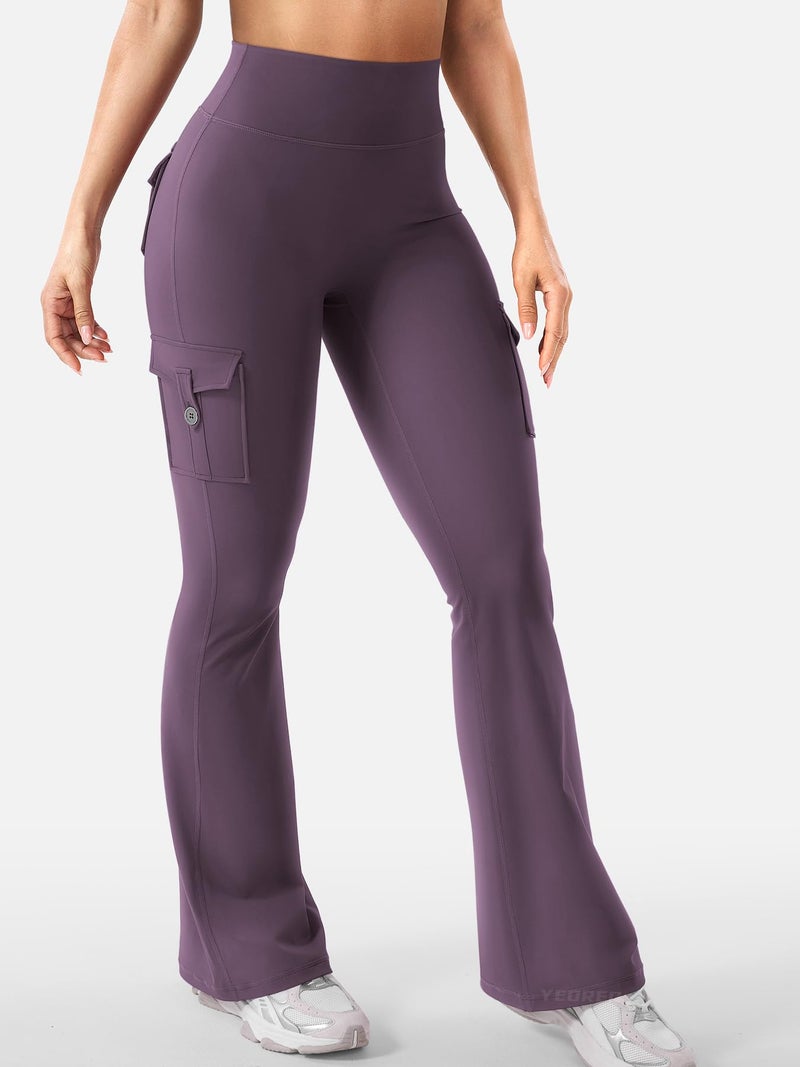YEOREO CoreFlex Women Workout Flare Leggings with Pockets Hidden Scrunch High Waisted Cargo Gym Yoga Leggings Dark Berry L - Image 4