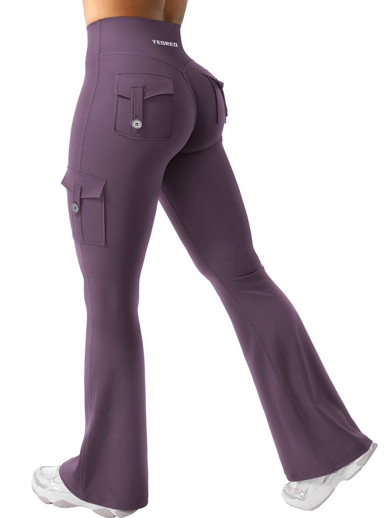 YEOREO CoreFlex Women Workout Flare Leggings with Pockets Hidden Scrunch High Waisted Cargo Gym Yoga Leggings Dark Berry L - Image 1
