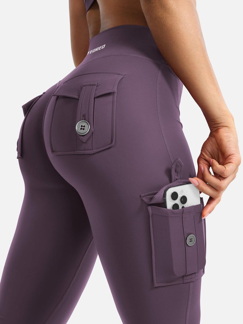 YEOREO CoreFlex Women Workout Flare Leggings with Pockets Hidden Scrunch High Waisted Cargo Gym Yoga Leggings Dark Berry L - Image 2