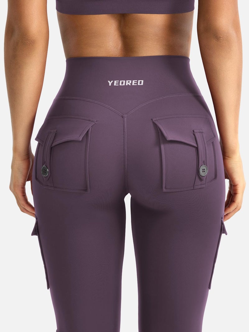 YEOREO CoreFlex Women Workout Flare Leggings with Pockets Hidden Scrunch High Waisted Cargo Gym Yoga Leggings Dark Berry L - Image 3