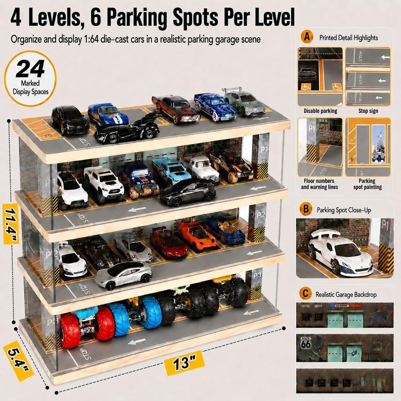 Saichotoy Hot Wheels Storage: Toy Car Parking Garage Diorama with Lights - Freestanding Display Case for 1/64 Scale Diecast Cars with 4 Levels 24 Spots Maximum 40 Cars - Image 3