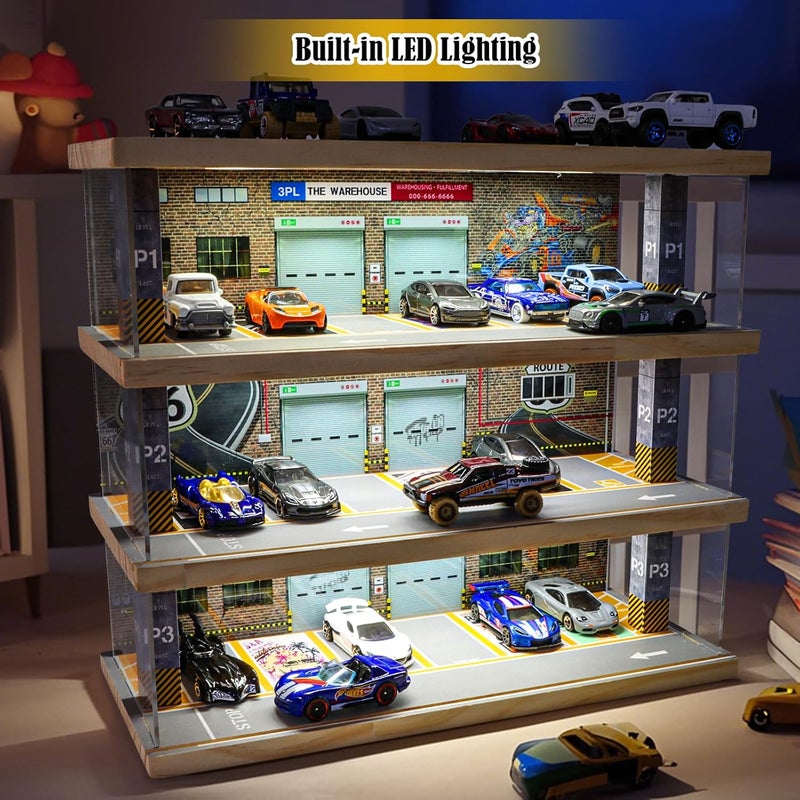 Saichotoy Hot Wheels Storage: Toy Car Parking Garage Diorama with Lights - Freestanding Display Case for 1/64 Scale Diecast Cars with 4 Levels 24 Spots Maximum 40 Cars - Image 4