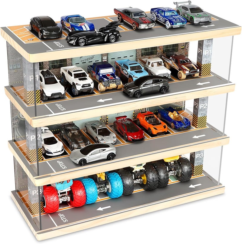 Saichotoy Hot Wheels Storage: Toy Car Parking Garage Diorama with Lights - Freestanding Display Case for 1/64 Scale Diecast Cars with 4 Levels 24 Spots Maximum 40 Cars - Image 1
