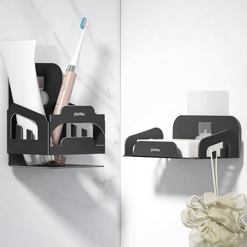 Plantex Self Adhesive Soap Dish with Tumbler Holder/Stainless Steel Soap Holder/Tooth Brush Stand for Bathroom Accessories (Black, Combo) - Image 1