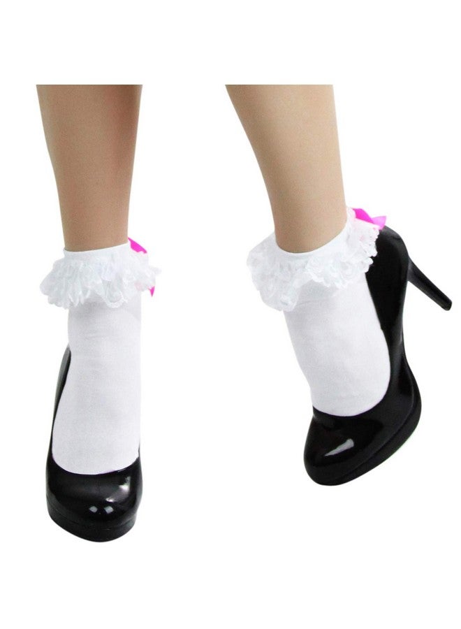 ToBeInStyle ToBeInStyle Women’s Beautiful Lace Ruffle Prim Anklet Opaque Socks w/Satin Bow - White/Hotpink - Image 4