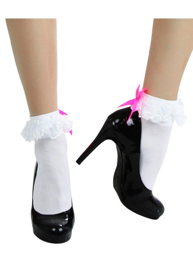 ToBeInStyle ToBeInStyle Women’s Beautiful Lace Ruffle Prim Anklet Opaque Socks w/Satin Bow - White/Hotpink - Image 5