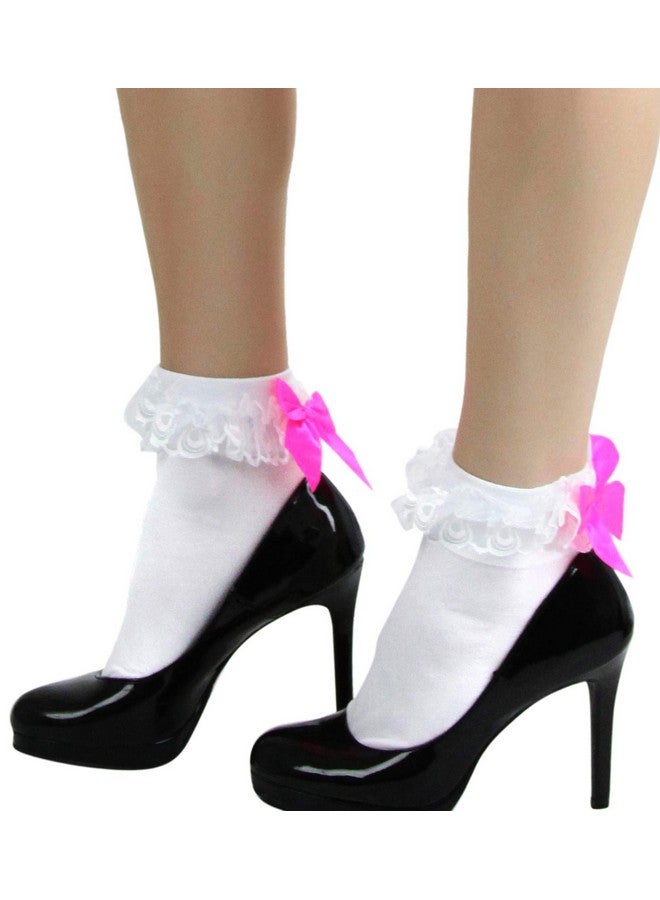 ToBeInStyle ToBeInStyle Women’s Beautiful Lace Ruffle Prim Anklet Opaque Socks w/Satin Bow - White/Hotpink - Image 3