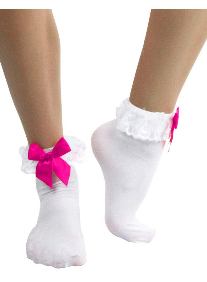 ToBeInStyle ToBeInStyle Women’s Beautiful Lace Ruffle Prim Anklet Opaque Socks w/Satin Bow - White/Hotpink - Image 1