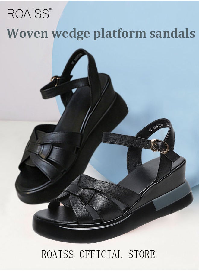 roaiss Wedge Sandals for Women Comfortable Open Toe Sandals Casual Summer Buckle Open Toe Ankle Strap Platform Sandals Platform Wedge Heels Sandals Rubber Sole Shoes  - Image 2