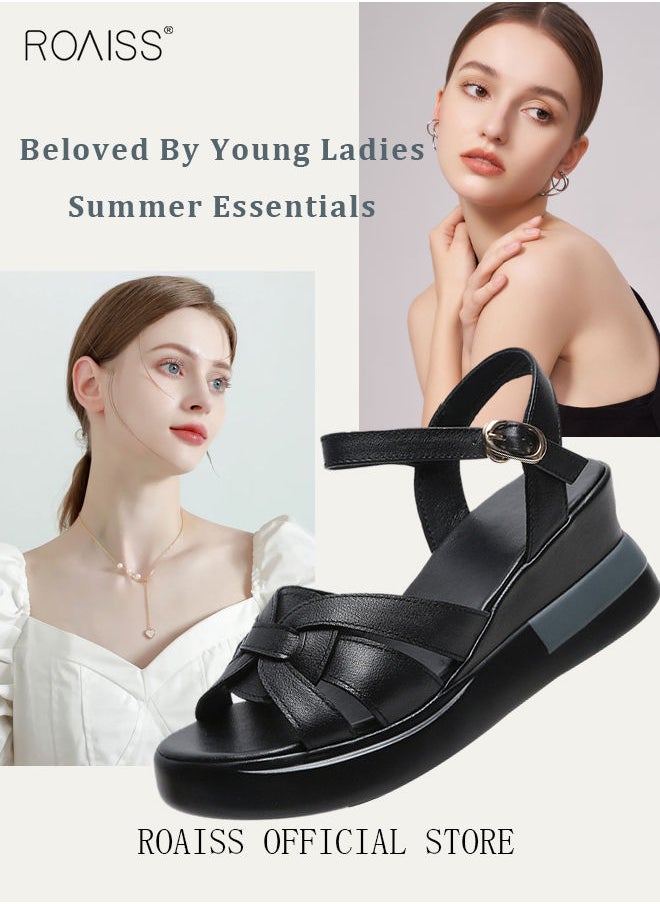 roaiss Wedge Sandals for Women Comfortable Open Toe Sandals Casual Summer Buckle Open Toe Ankle Strap Platform Sandals Platform Wedge Heels Sandals Rubber Sole Shoes  - Image 3