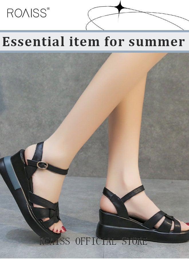 roaiss Wedge Sandals for Women Comfortable Open Toe Sandals Casual Summer Buckle Open Toe Ankle Strap Platform Sandals Platform Wedge Heels Sandals Rubber Sole Shoes  - Image 4