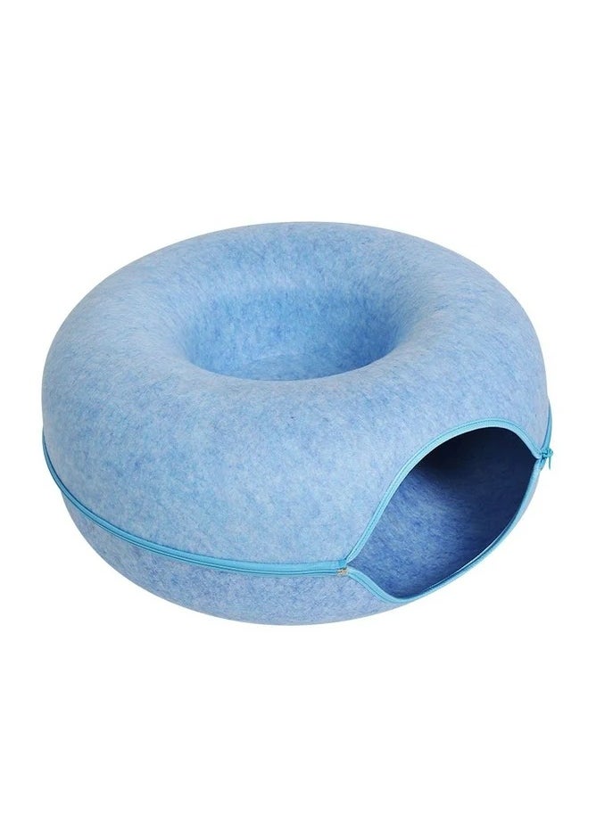 HAPPY PUSS - Cat tunnel bed, round cave, donut shape cat house, removable cover with zipper, detachable and washable tunnel cat bed suitable for cats, dogs, and puppies to sleep. Blue color - Image 1