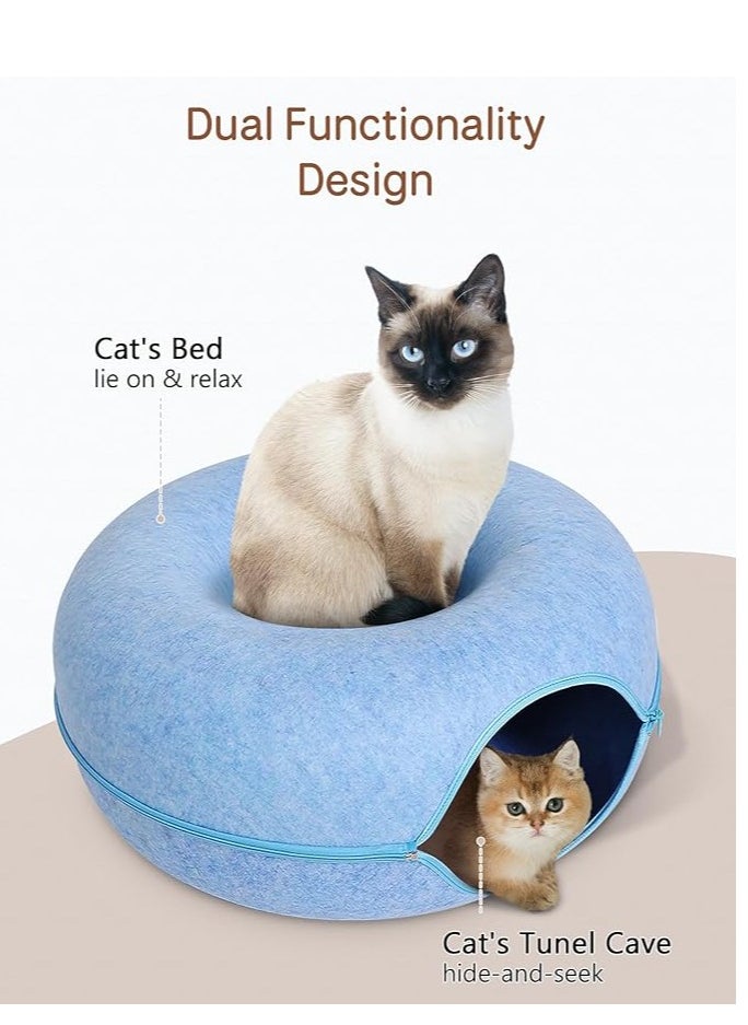 HAPPY PUSS - Cat tunnel bed, round cave, donut shape cat house, removable cover with zipper, detachable and washable tunnel cat bed suitable for cats, dogs, and puppies to sleep. Blue color - Image 1
