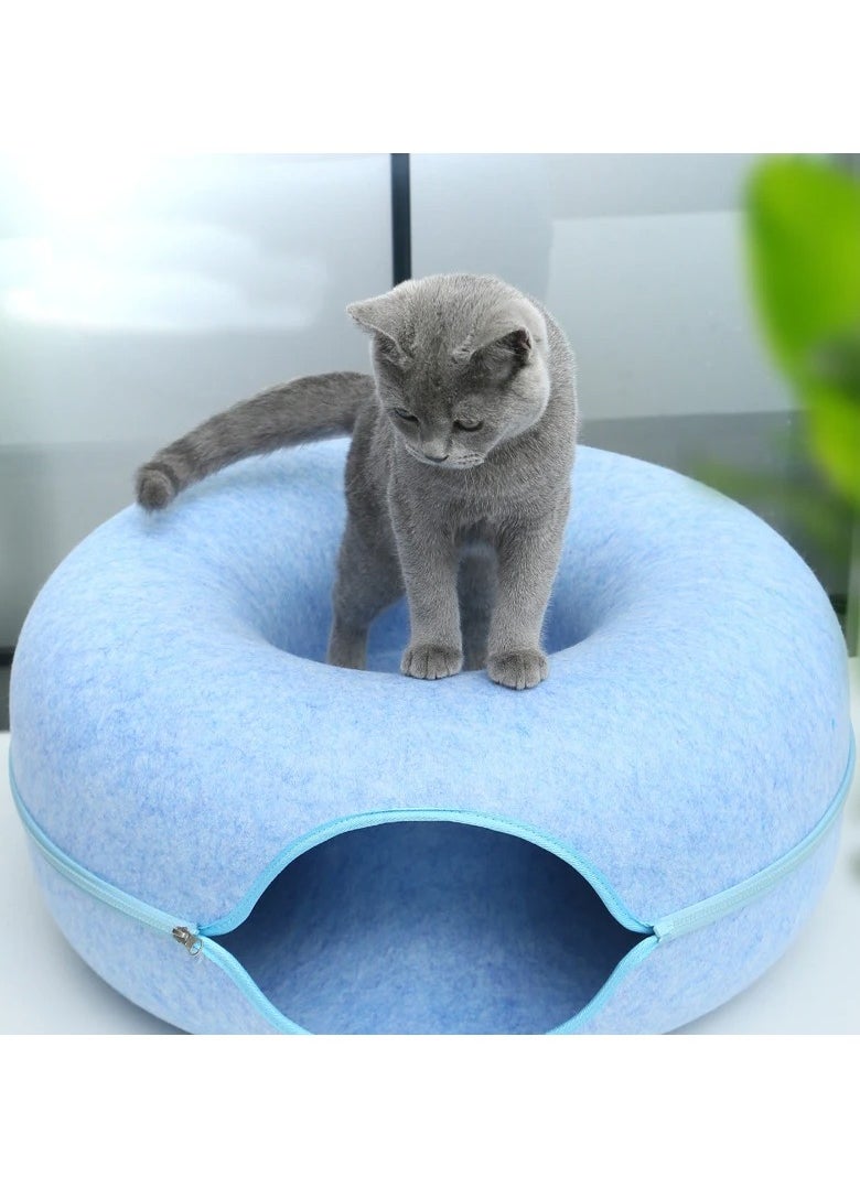 HAPPY PUSS - Cat tunnel bed, round cave, donut shape cat house, removable cover with zipper, detachable and washable tunnel cat bed suitable for cats, dogs, and puppies to sleep. Blue color - Image 1