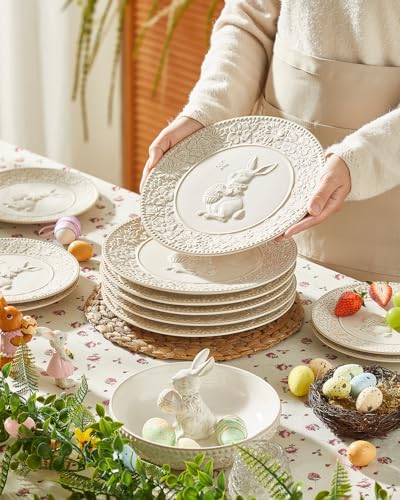 Metahom Easter Dinner Plates, 10 Inch Ceramic Bunny Plate Set, Embossed Floral Serving Dish, Dishwasher & Microwave Safe, Set of 6, Cream White - Image 4