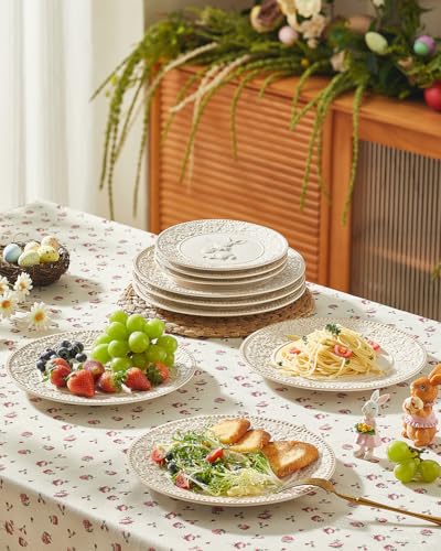 Metahom Easter Dinner Plates, 10 Inch Ceramic Bunny Plate Set, Embossed Floral Serving Dish, Dishwasher & Microwave Safe, Set of 6, Cream White - Image 3