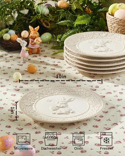 Metahom Easter Dinner Plates, 10 Inch Ceramic Bunny Plate Set, Embossed Floral Serving Dish, Dishwasher & Microwave Safe, Set of 6, Cream White - Image 2