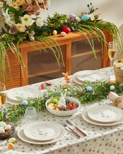 Metahom Easter Dinner Plates, 10 Inch Ceramic Bunny Plate Set, Embossed Floral Serving Dish, Dishwasher & Microwave Safe, Set of 6, Cream White - Image 5