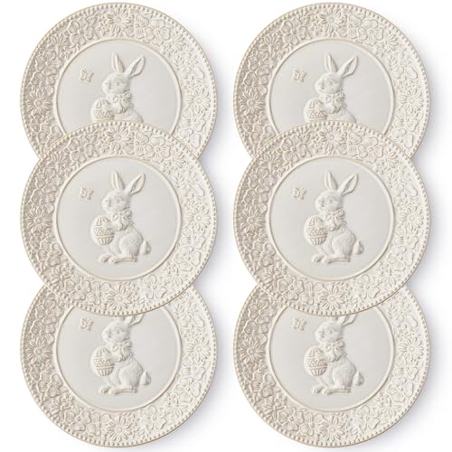 Metahom Easter Dinner Plates, 10 Inch Ceramic Bunny Plate Set, Embossed Floral Serving Dish, Dishwasher & Microwave Safe, Set of 6, Cream White - Image 1