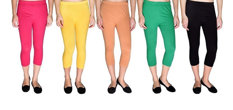 FEELBLUE Premium Cotton Strechable Women's Casual/Gym/Sports 3/4th Capri (Free Size) Combo Pack of 5 (RaniyelowpeachPgreenBlck) - Image 1