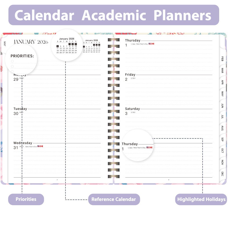 Valome 2026 Planner, Weekly and Monthly Calendar Planner , Jan 2026 - Dec 2026, Hardcover Calendar Planner with Tabs, Spiral Bound, Inner Pocket, Agenda Notebook for Office School Supplies, 6.2" x 8.5" - Pink Blossoms - Image 3