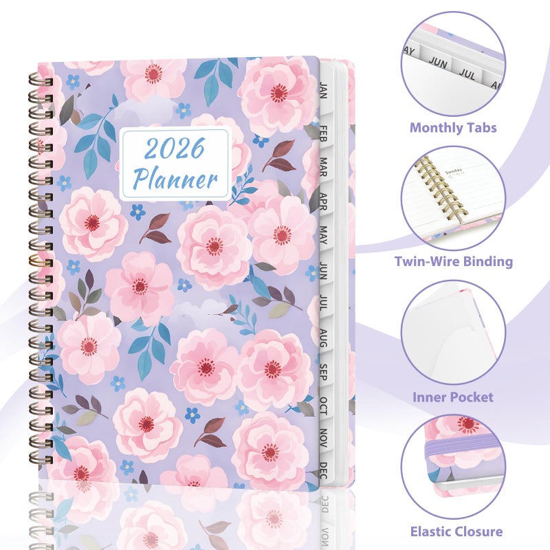 Valome 2026 Planner, Weekly and Monthly Calendar Planner , Jan 2026 - Dec 2026, Hardcover Calendar Planner with Tabs, Spiral Bound, Inner Pocket, Agenda Notebook for Office School Supplies, 6.2" x 8.5" - Pink Blossoms - Image 4