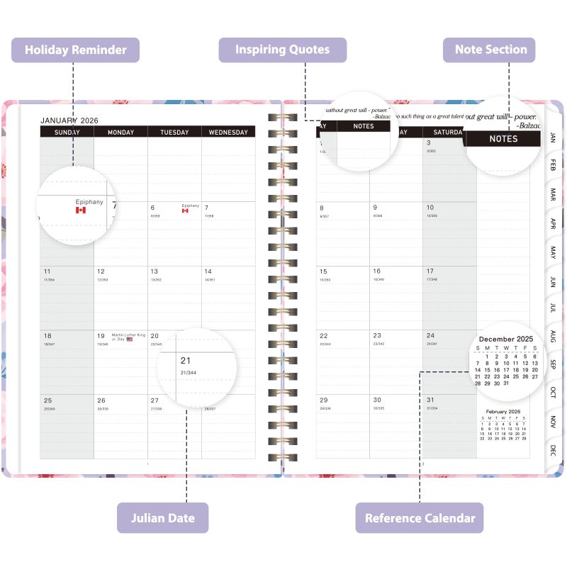 Valome 2026 Planner, Weekly and Monthly Calendar Planner , Jan 2026 - Dec 2026, Hardcover Calendar Planner with Tabs, Spiral Bound, Inner Pocket, Agenda Notebook for Office School Supplies, 6.2" x 8.5" - Pink Blossoms - Image 2