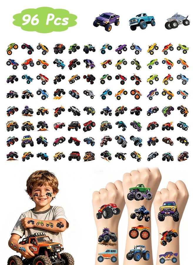 Quantum 96 Pcs Monster Truck Temporary Tattoos for Kids - Car Truck Theme Fake Tattoo Stickers - Waterproof Non-Toxic Temporary Tattoos for Kids Birthday Party Monster Truck Party Supplies - Image 1
