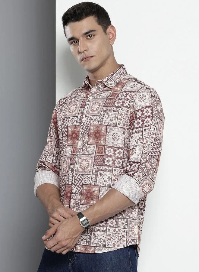 The Indian Garage Co Men Brown Tile Print Regular Fit Shirt
