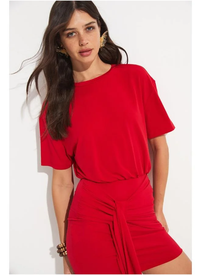 جون June Women Crew Neck Tie Detail Dress Red