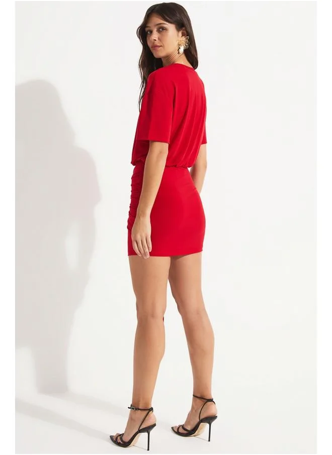 جون June Women Crew Neck Tie Detail Dress Red
