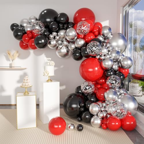 MEBAY Black Red Metallic and Confetti Silver Balloons Garland Arch Kit 147 Pcs Latex Balloon Different Sizes for Birthday Party Graduation Fathers Day Anniversary Bachelorette Party Decoration - Image 1
