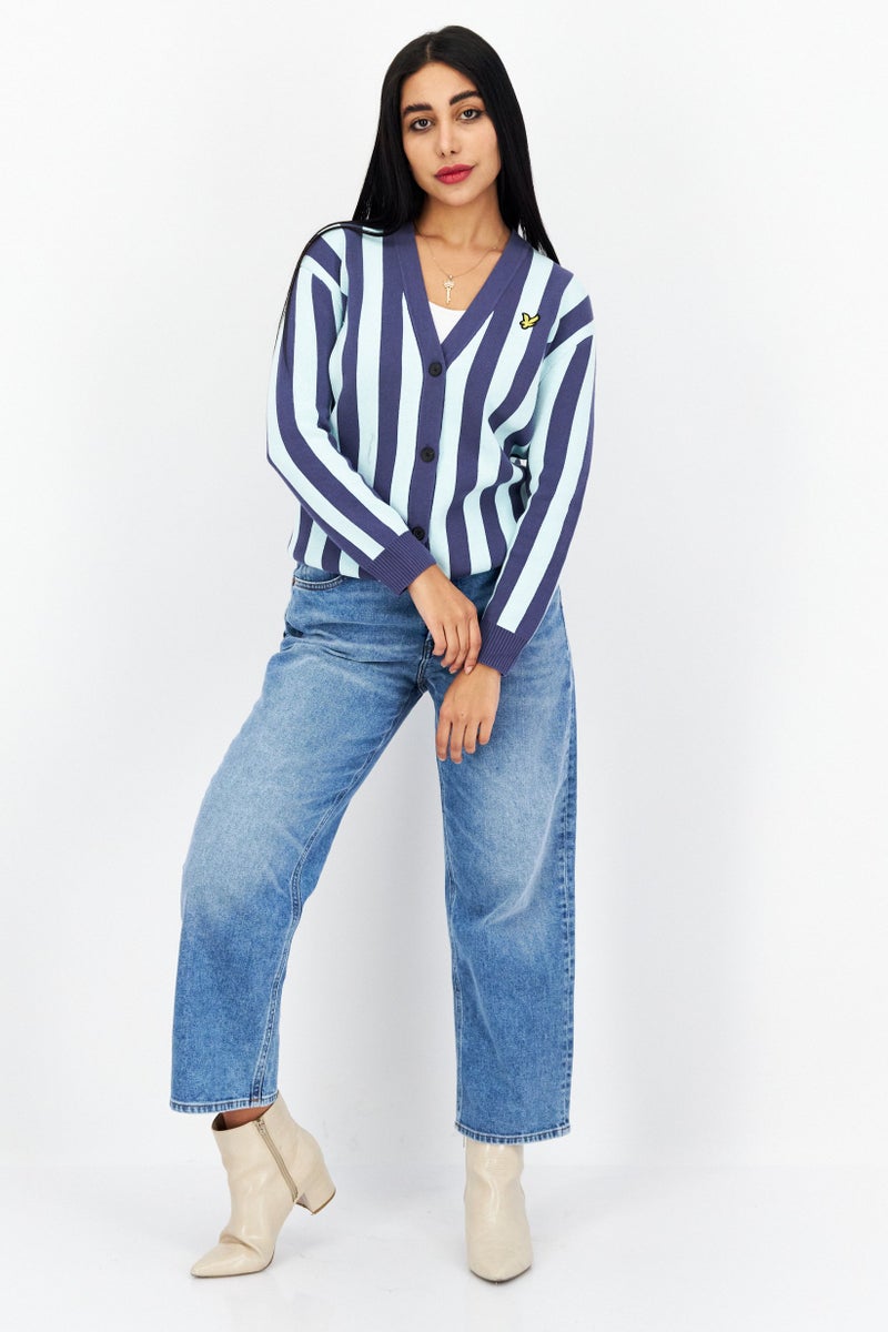 Lyle & Scott Women V-Neck Stripe Knitted Cardigan, Blue - Image 3