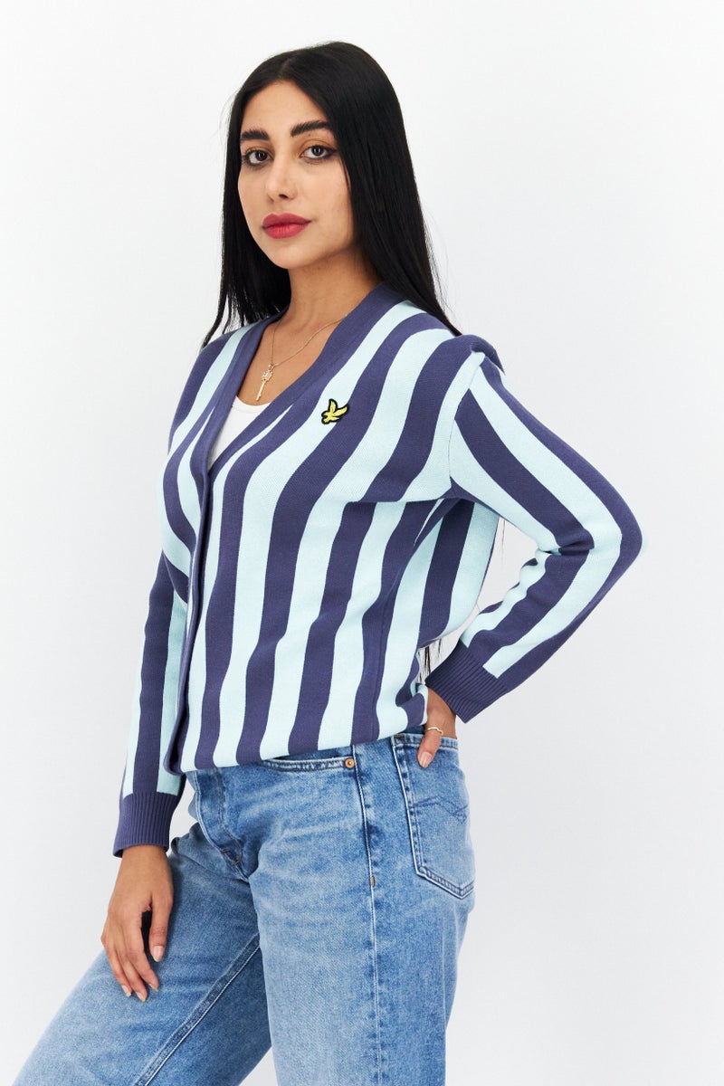 Lyle & Scott Women V-Neck Stripe Knitted Cardigan, Blue - Image 4