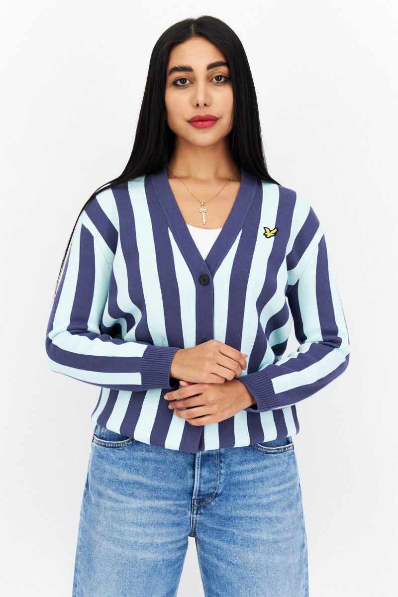 Lyle & Scott Women V-Neck Stripe Knitted Cardigan, Blue - Image 1