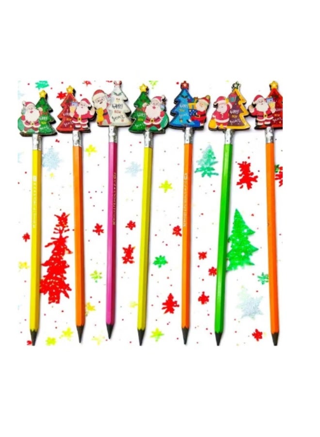 12-Piece Christmas Wooden Pencils Set - Santa & Christmas Tree Toppers - Festive School Supplies and Party Favors - Image 1
