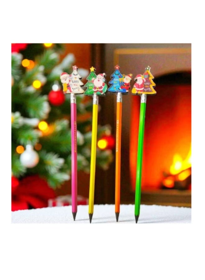 12-Piece Christmas Wooden Pencils Set - Santa & Christmas Tree Toppers - Festive School Supplies and Party Favors - Image 2