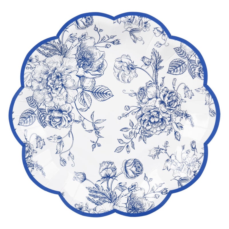 Elyxio Blue Floral Party Plates - Vintage Leaf Disposable Paper Plates  Wildflower Toile 7"" Scalloped Rim Dessert Plates for Christmas  Birthday  Bridal Tea Party Supplies (24 Count) - Image 1