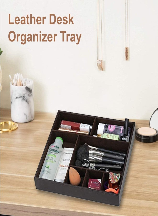 Azyeea Faux Leather Jewellery Organizer Desk Organizer Tray | 7 Compartment for Multi-Functional, Office, Study Table, Bedside Tray, Cosmetic and Jwelry Organizer (Brown) - Image 3
