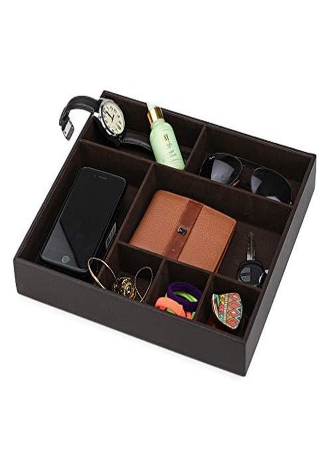 Azyeea Faux Leather Jewellery Organizer Desk Organizer Tray | 7 Compartment for Multi-Functional, Office, Study Table, Bedside Tray, Cosmetic and Jwelry Organizer (Brown) - Image 1