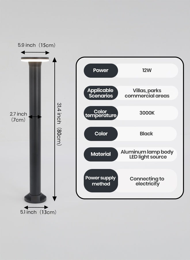 73Hours Black LED Outdoor Bollard Light - 80cm Round Post Garden Pathway Lamp with 12W Warm White 3000K LED, IP65 Waterproof Landscape Light for Villas, Parks, and Commercial Areas - Image 3