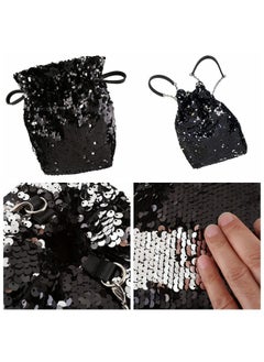 Ayliss Women Drawstring Bucket Bag Reversible Mermaid Sequin Chain Shoulder Bag Crossbody Handbags (Black)  - Image 5