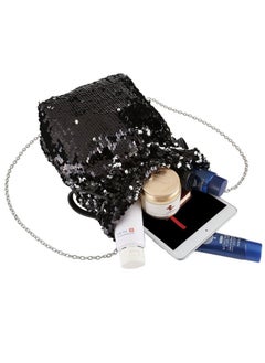 Ayliss Women Drawstring Bucket Bag Reversible Mermaid Sequin Chain Shoulder Bag Crossbody Handbags (Black)  - Image 4