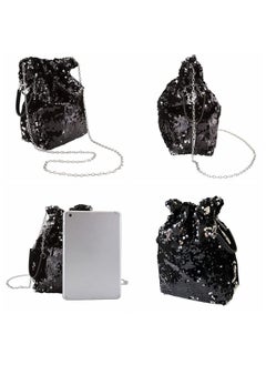 Ayliss Women Drawstring Bucket Bag Reversible Mermaid Sequin Chain Shoulder Bag Crossbody Handbags (Black)  - Image 3